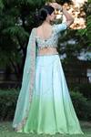 Shop_house of mithi kalra_Green Satin Embroidered Beads V-neck Zardozi Ombre Lehenga Set _at_Aza_Fashions