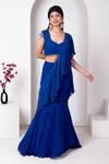 Buy_house of mithi kalra_Blue Georgette Embellished Crystals Plunge Pre-draped Saree Set _at_Aza_Fashions