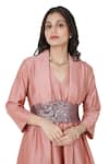 Shop_Komal Shah_Pink Kurta And Pant Chanderi Quilted Collared Solid Layered & Asymmetric Set _at_Aza_Fashions