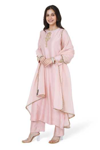 Shop_Komal Shah_Pink Chanderi, Organza, Silk Beads, Embroidery Round Neck Hand Kurta Set _at_Aza_Fashions