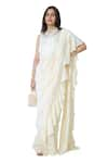 Buy_Komal Shah_Off White Saree Chanderi Fringe Round Ruffle Pre-draped With Blouse _at_Aza_Fashions