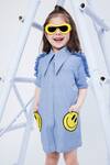 Hoity Moppet_Blue Denim Cotton Embroidery Smiley Patchwork Shirt Dress _at_Aza_Fashions