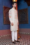 Ankur J_Cream Habutai Silk Printed Floral Bomber Jacket Kurta Set _Online_at_Aza_Fashions