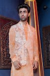 Buy_Ankur J_Orange Habutai Silk Printed Floral Asymmetric Bundi Kurta Set _Online_at_Aza_Fashions