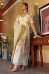 Ankur J_Cream Habutai Silk Printed Sequins V-neck Combination Anarkali With Dupatta _Online_at_Aza_Fashions