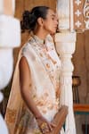 Ankur J_Ivory Habutai Silk Printed Sequins Cape Open Mix Draped Pant Set _Online_at_Aza_Fashions