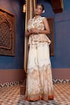 Ankur J_Cream Habutai Silk Printed Sequins V-neck Threadwork Jacket With Palazzo _Online_at_Aza_Fashions