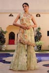 Buy_Ankur J_Green Habutai Silk Printed Sequins Floral Mix Asymmetric Kurta With Gharara _at_Aza_Fashions