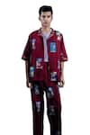 Shop_Dark Hour_Maroon Cotton Satin Printed Abstract Button Down Shirt And Pant Set _Online_at_Aza_Fashions