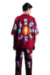 Dark Hour_Maroon Cotton Satin Printed Abstract Button Down Shirt And Pant Set _at_Aza_Fashions