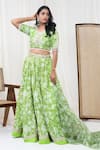 Buy_Yuvrani Jaipur_Green Chanderi Printed Floral Round Lehenga Set _Online_at_Aza_Fashions