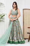 Buy_Yuvrani Jaipur_Green Chanderi Printed Floral Scalloped V Embroidered Lehenga Set _Online_at_Aza_Fashions