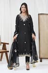 Buy_Yuvrani Jaipur_Black Silk Embroidered Gota V Neck Kurta Pant Set _at_Aza_Fashions