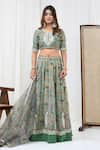 Buy_Yuvrani Jaipur_Green Chanderi Printed Floral Round Embroidered Lehenga Set _at_Aza_Fashions