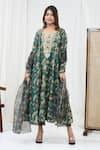 Buy_Yuvrani Jaipur_Green Chanderi Organza Print Floral Round Kurta And Pant Set _at_Aza_Fashions