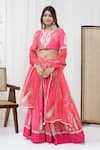 Buy_Yuvrani Jaipur_Pink Chanderi Organza Print Floral Round Blouse And Lehenga Set _at_Aza_Fashions