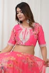 Yuvrani Jaipur_Pink Chanderi Organza Print Floral Round Blouse And Lehenga Set _at_Aza_Fashions