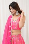 Shop_Yuvrani Jaipur_Pink Chanderi Organza Print Floral V-neck Embroidered Blouse And Lehenga Set _Online_at_Aza_Fashions