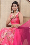 Yuvrani Jaipur_Pink Chanderi Organza Print Floral V-neck Embroidered Blouse And Lehenga Set _at_Aza_Fashions