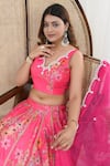 Buy_Yuvrani Jaipur_Pink Chanderi Organza Print Floral V-neck Embroidered Blouse And Lehenga Set 