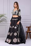 Yuvrani Jaipur_Black Silk Hand Embroidery Floral V-neck Mirror Blouse And Lehenga Set _Online_at_Aza_Fashions