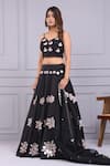 Shop_Yuvrani Jaipur_Black Silk Hand Embroidery Floral V-neck Mirror Blouse And Lehenga Set _Online_at_Aza_Fashions