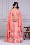 Buy_Yuvrani Jaipur_Peach Silk Hand Embroidery Mirror V-neck Thread Blouse And Lehenga Set _at_Aza_Fashions