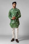 Buy_Paarsh_Green Nehru Jacket Organza Hand Embroidered Floral Sage Print Kurta Set With _at_Aza_Fashions