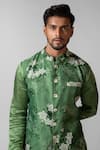 Shop_Paarsh_Green Nehru Jacket Organza Hand Embroidered Floral Sage Print Kurta Set With _Online_at_Aza_Fashions