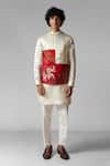 Paarsh_Red Nehru And Kurta Linen Satin Hand Embroidered Elephant Set With Jacket _Online_at_Aza_Fashions