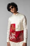 Paarsh_Red Nehru And Kurta Linen Satin Hand Embroidered Elephant Set With Jacket _Online