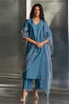 Buy_Charkhee_Blue Kurta Chanderi Hand Embroidered Nakshi V Neck Zari Pant Set _at_Aza_Fashions