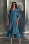 Charkhee_Blue Kurta Chanderi Hand Embroidered Nakshi V Neck Zari Pant Set _Online_at_Aza_Fashions