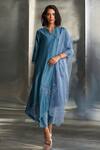 Buy_Charkhee_Blue Kurta Chanderi Hand Embroidered Nakshi Notched Round Scallop Hem Pant Set _at_Aza_Fashions