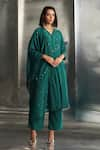 Buy_Charkhee_Green Kurta Chanderi Embellished Studs V Neck Gems Palazzo Set _at_Aza_Fashions