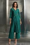 Charkhee_Green Kurta Chanderi Embellished Studs V Neck Gems Palazzo Set _at_Aza_Fashions