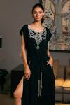 Buy_Siddartha Tytler_Black Micro-fiber Embellished Crystal Embroidered Necklace Pattern Slit Kaftan _at_Aza_Fashions