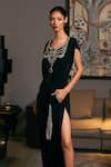 Buy_Siddartha Tytler_Black Micro-fiber Embellished Crystal Embroidered Necklace Pattern Slit Kaftan _Online_at_Aza_Fashions