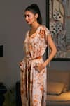 Siddartha Tytler_Beige Bamberg Satin Embellished Crystal Rope Chrysanthemum Print Slit Kaftan _Online_at_Aza_Fashions