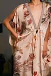 Buy_Siddartha Tytler_Beige Bamberg Satin Embellished Crystal Rope V-neck Bee Floral Print Kaftan _Online_at_Aza_Fashions