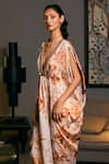 Siddartha Tytler_Beige Bamberg Satin Embellished Crystal Rope V-neck Moth Floral Print Kaftan _Online_at_Aza_Fashions