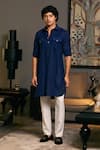 Buy_Siddartha Tytler_Blue Blended Linen Solid Plain Military Kurta _at_Aza_Fashions