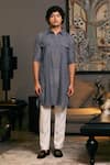 Buy_Siddartha Tytler_Grey Blended Linen Solid Roll-up Sleeve Military Kurta _at_Aza_Fashions