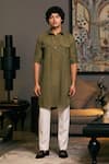 Siddartha Tytler_Green Blended Linen Solid Plain Roll-up Sleeve Military Kurta _Online_at_Aza_Fashions