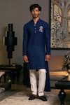 Buy_Siddartha Tytler_Blue Blended Linen Placement Embroidered Dragon Draped Kurta _at_Aza_Fashions