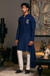 Siddartha Tytler_Blue Blended Linen Placement Embroidered Dragon Draped Kurta _Online_at_Aza_Fashions