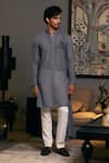 Buy_Siddartha Tytler_Grey Blended Linen Placement Embroidered Dragon Draped Kurta _at_Aza_Fashions