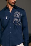 Buy_Siddartha Tytler_Blue Cotton Satin Placement Embroidered Dragon Shirt _Online_at_Aza_Fashions