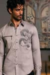 Buy_Siddartha Tytler_Grey Cotton Satin Placement Embroidered Dragon Shirt _Online_at_Aza_Fashions