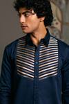 Siddartha Tytler_Blue Cotton Satin Embroidered Metallic Stripes Plain Shirt _Online_at_Aza_Fashions